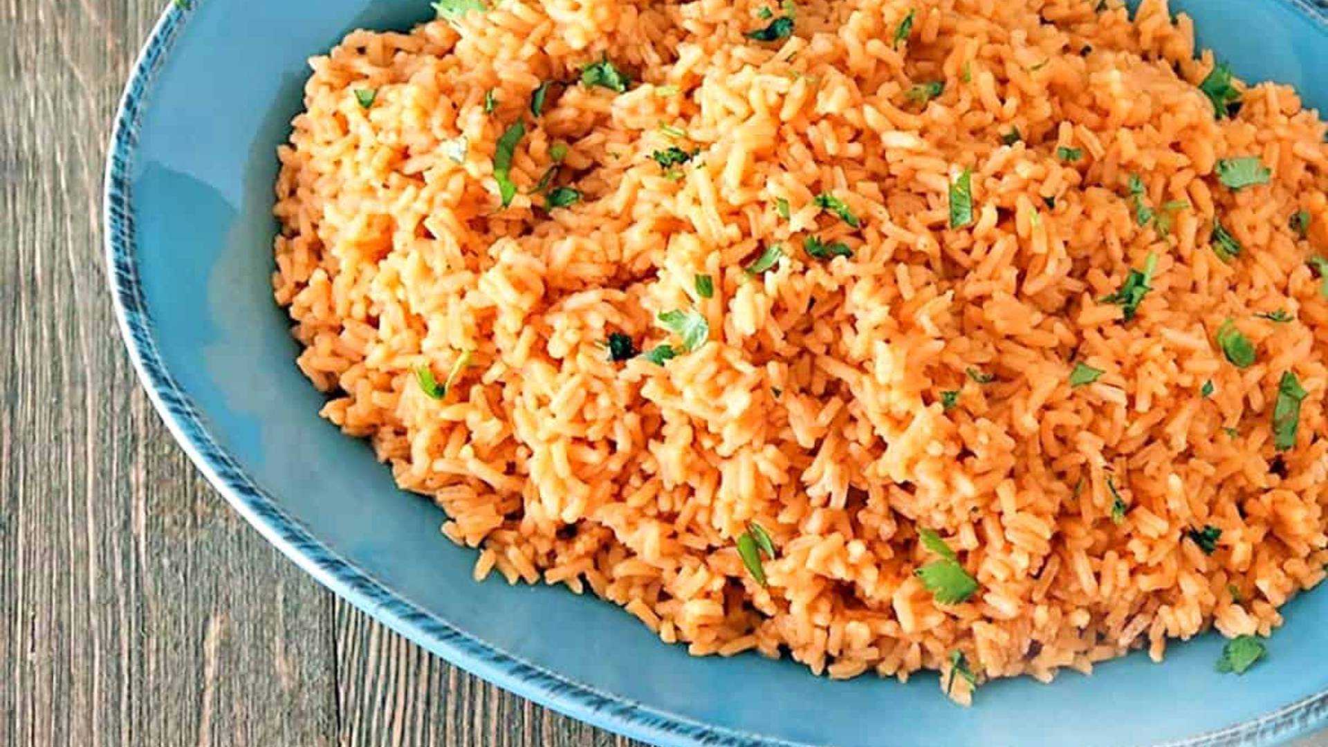 10-Minute Mexican Rice in a blue stoneware bowl.