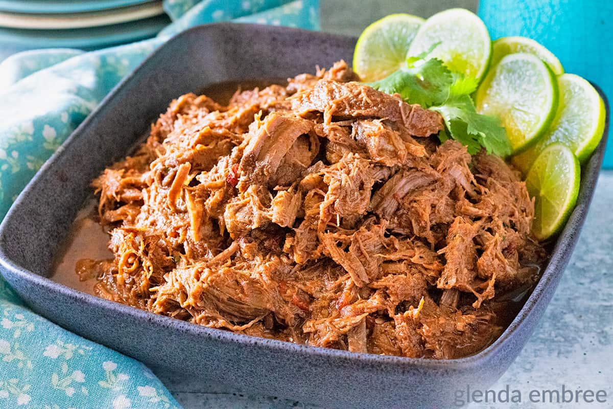 Mexican Shredded Beef in a slate-colored square stone bowl.