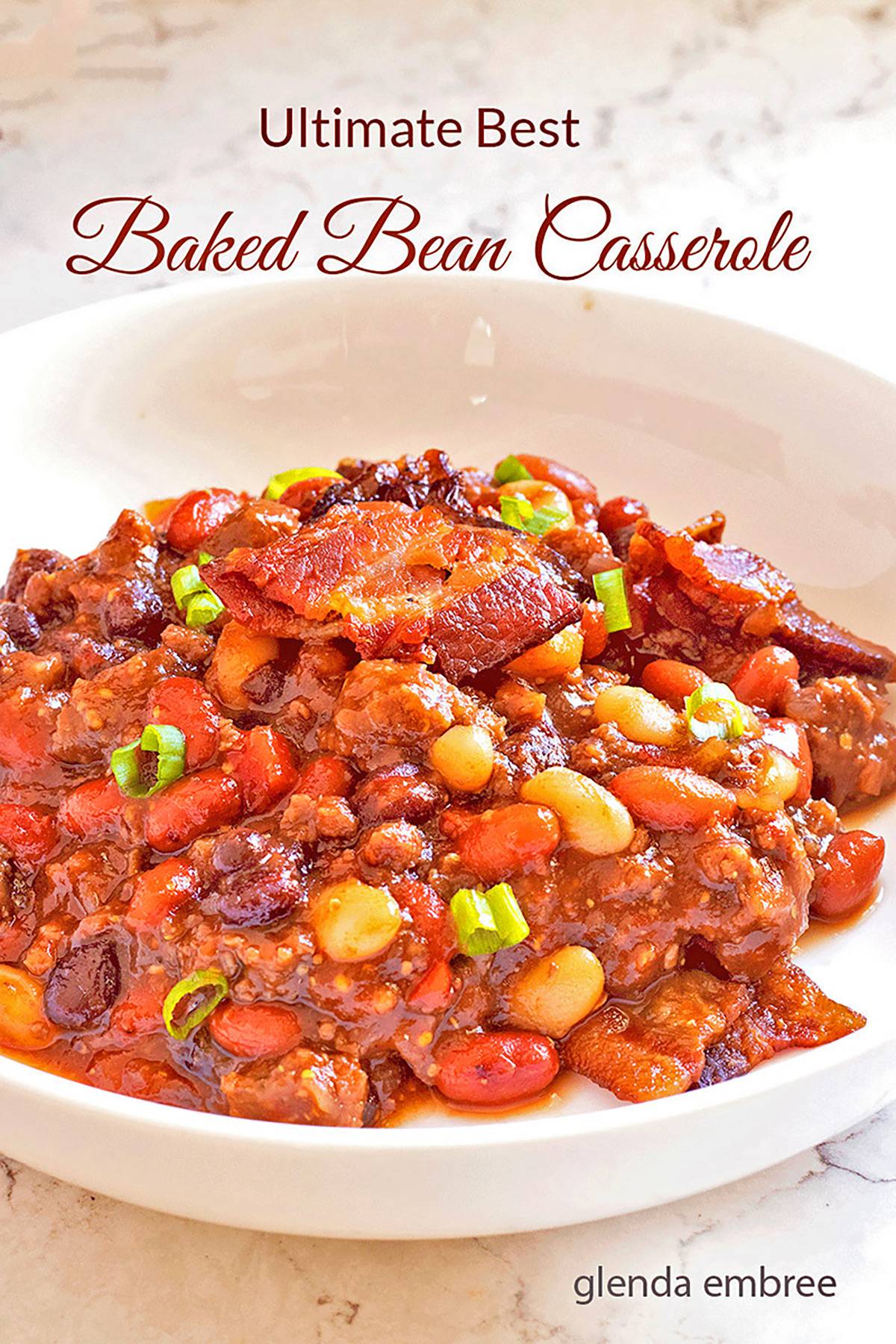 Baked Bean Casserole in a white bowl.