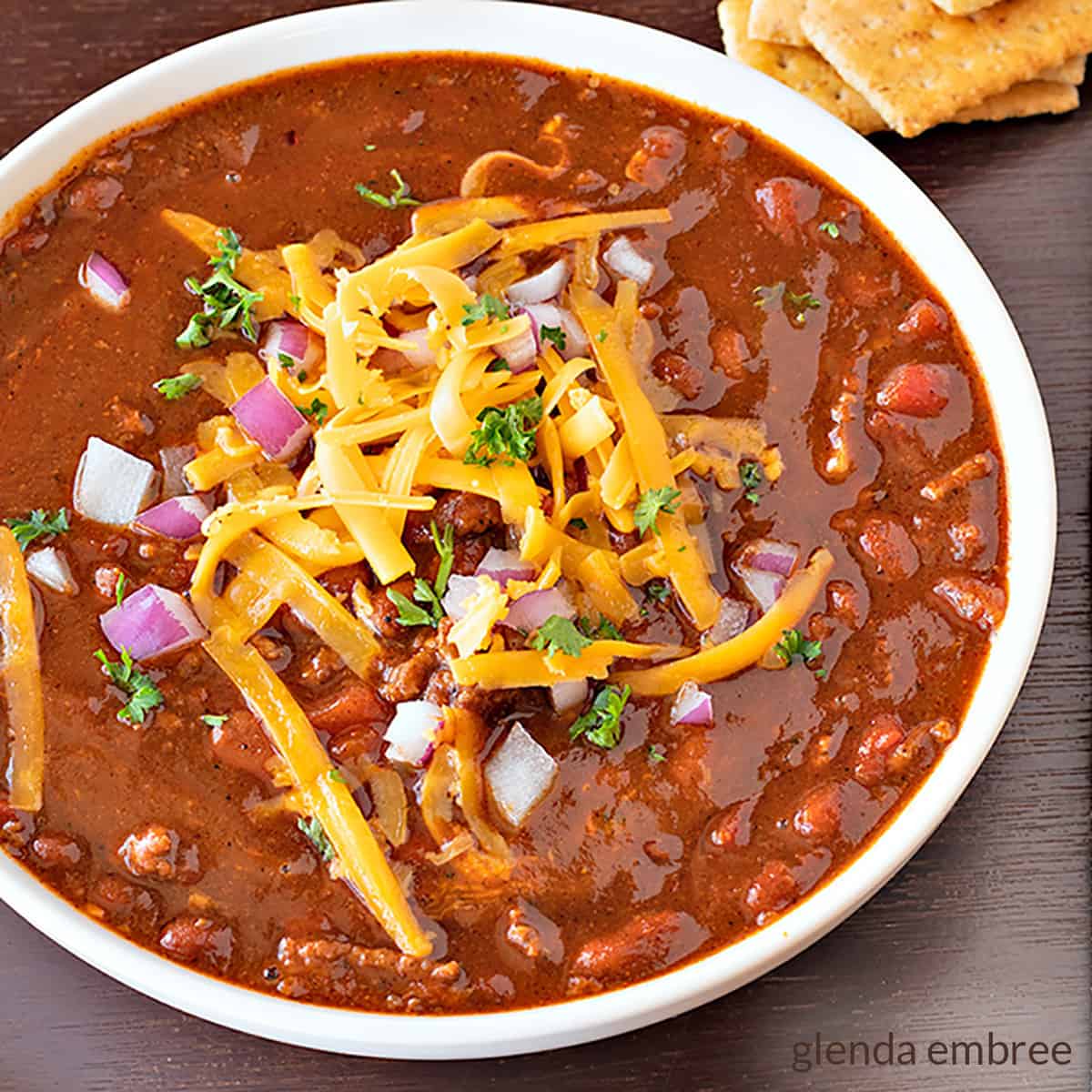 Best Easy Chili in a white bowl.