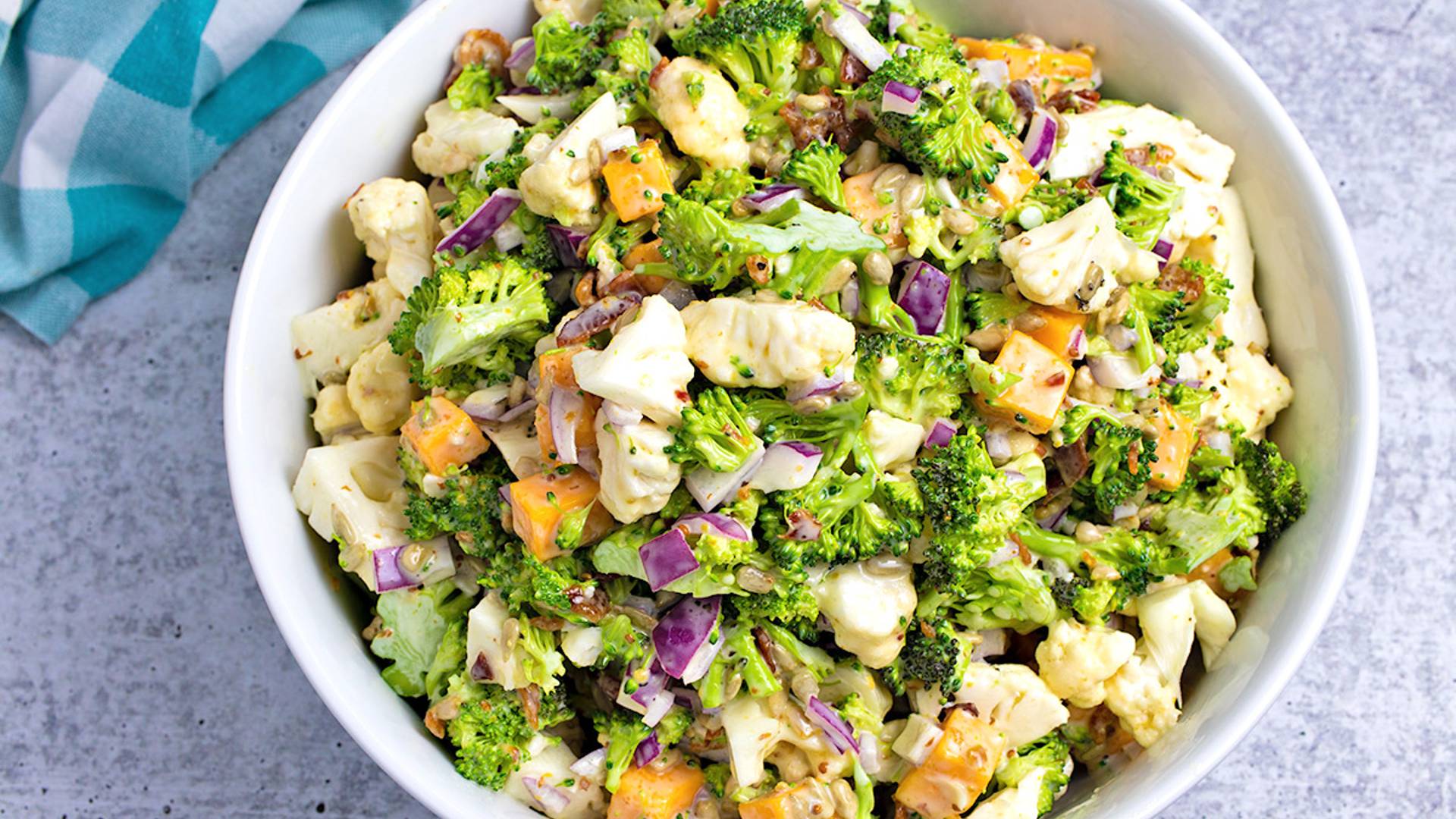 Broccoli Cauliflower Salad in a large salad bowl.