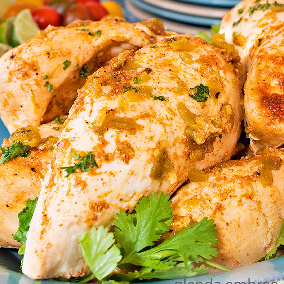 Southwest Chicken Breasts served on a blue platter