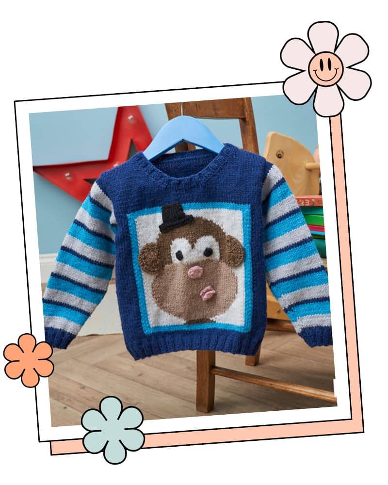 rascal monkey jumper knitting pattern with colouring page jane burns