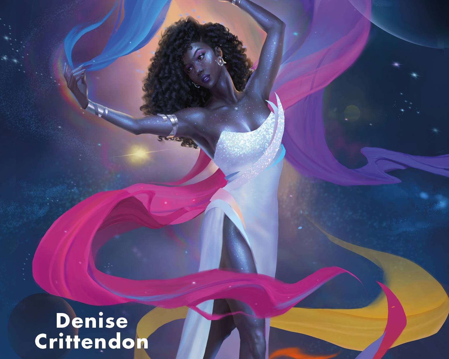 Book cover with image of elegantly posing African woman with glittery dark skin in a shimmering white dress surrounded by bands of swirling colors, with author name Denise Crittendon in white text