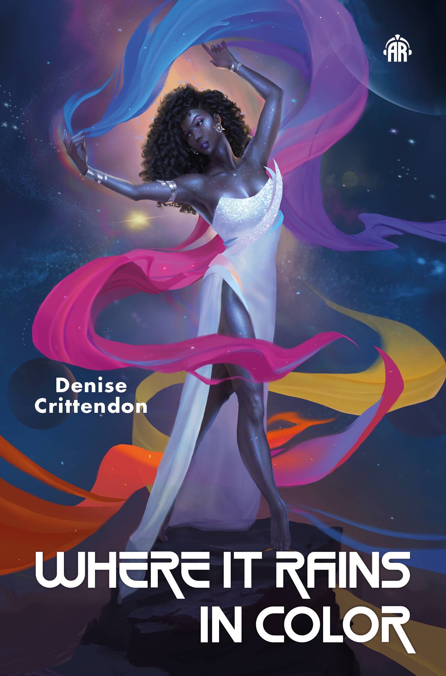 Book cover with image of elegantly posing African woman with glittery dark skin in a shimmering white dress surrounded by bands of swirling colors, with title WHERE IT RAINS IN COLOR in white text at the bottom and author name Denise Crittendon in white text on the side