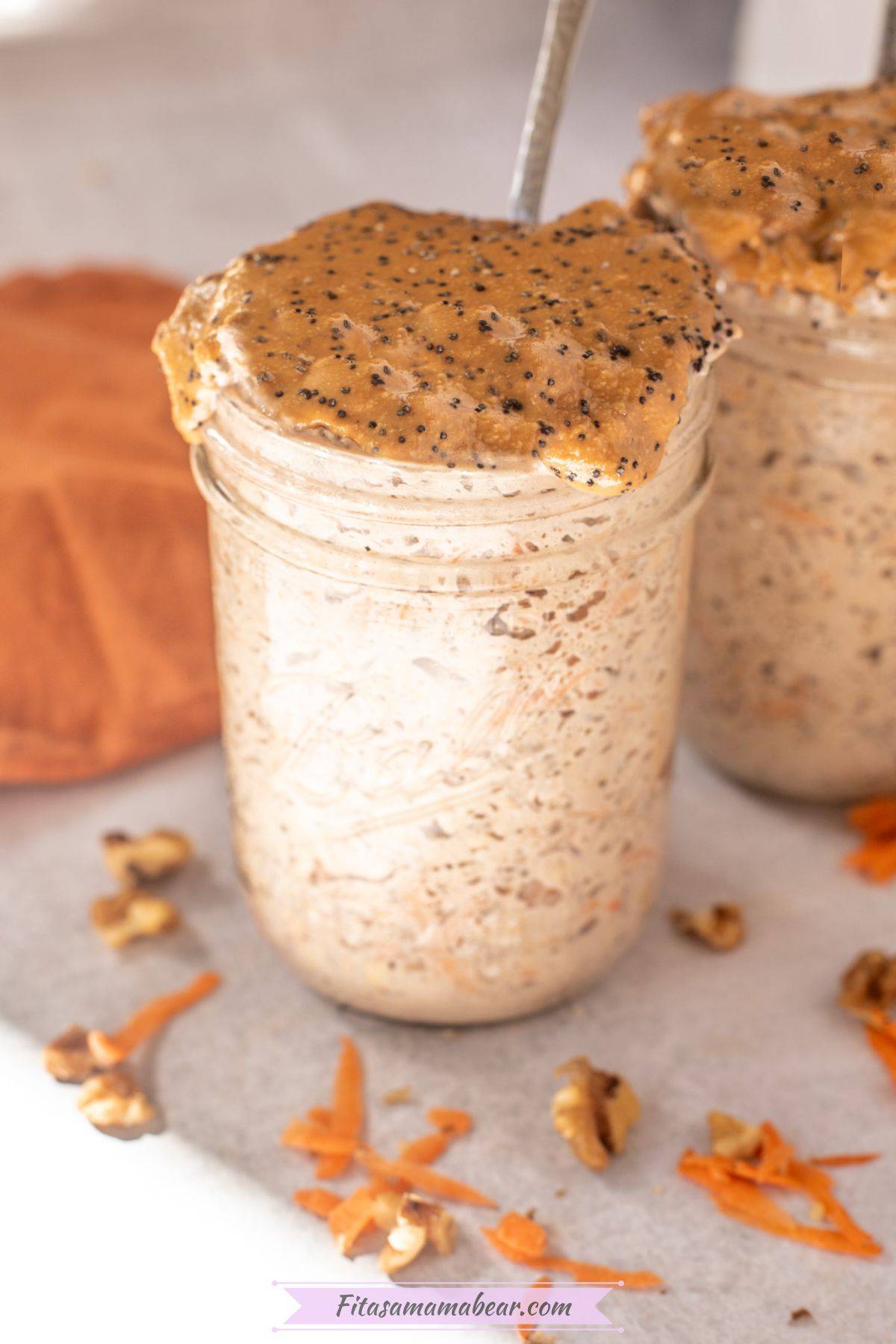 Carrot cake overnight oats in a mason jar.