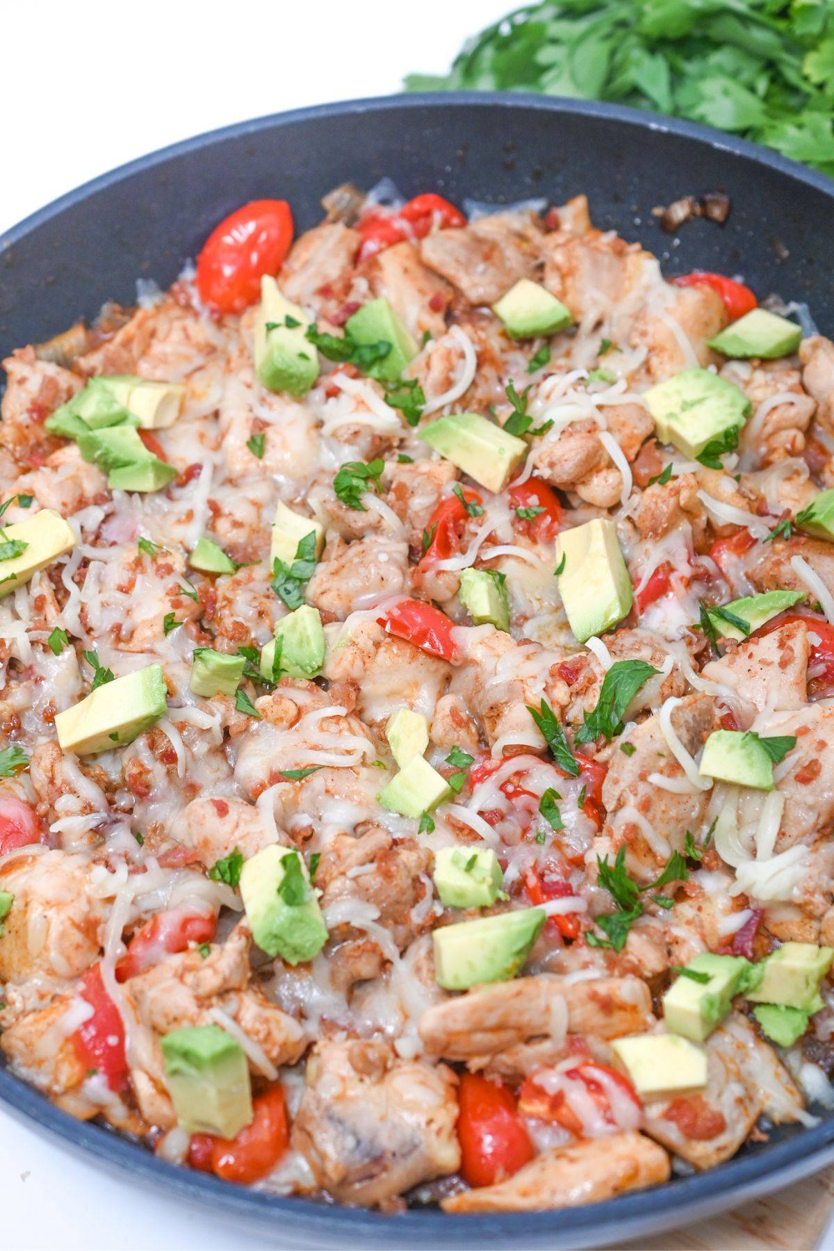 Chicken, cheese, and avocado skillet.
