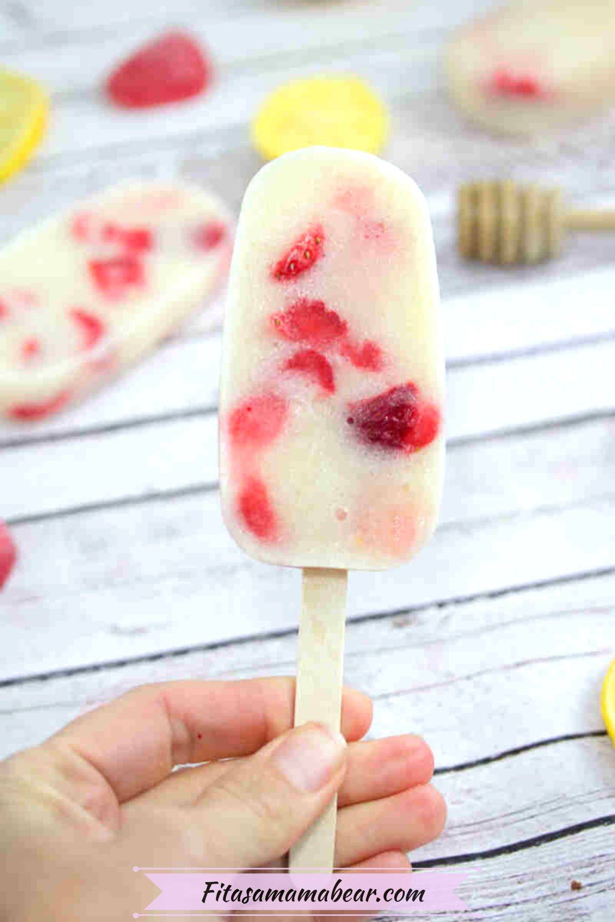 Strawberry popsicle being held up.