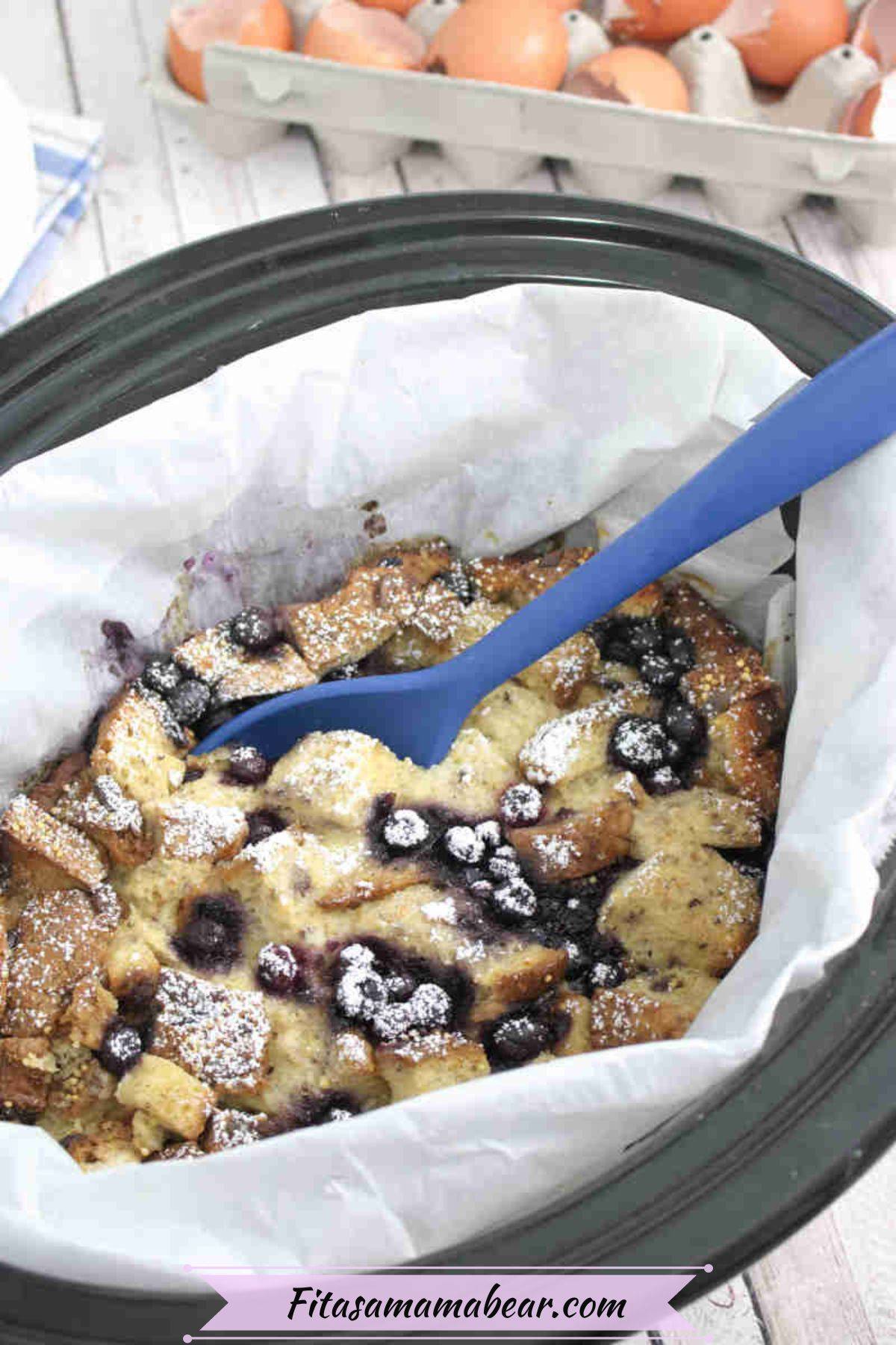 French toast with blueberries in a slow cooker.