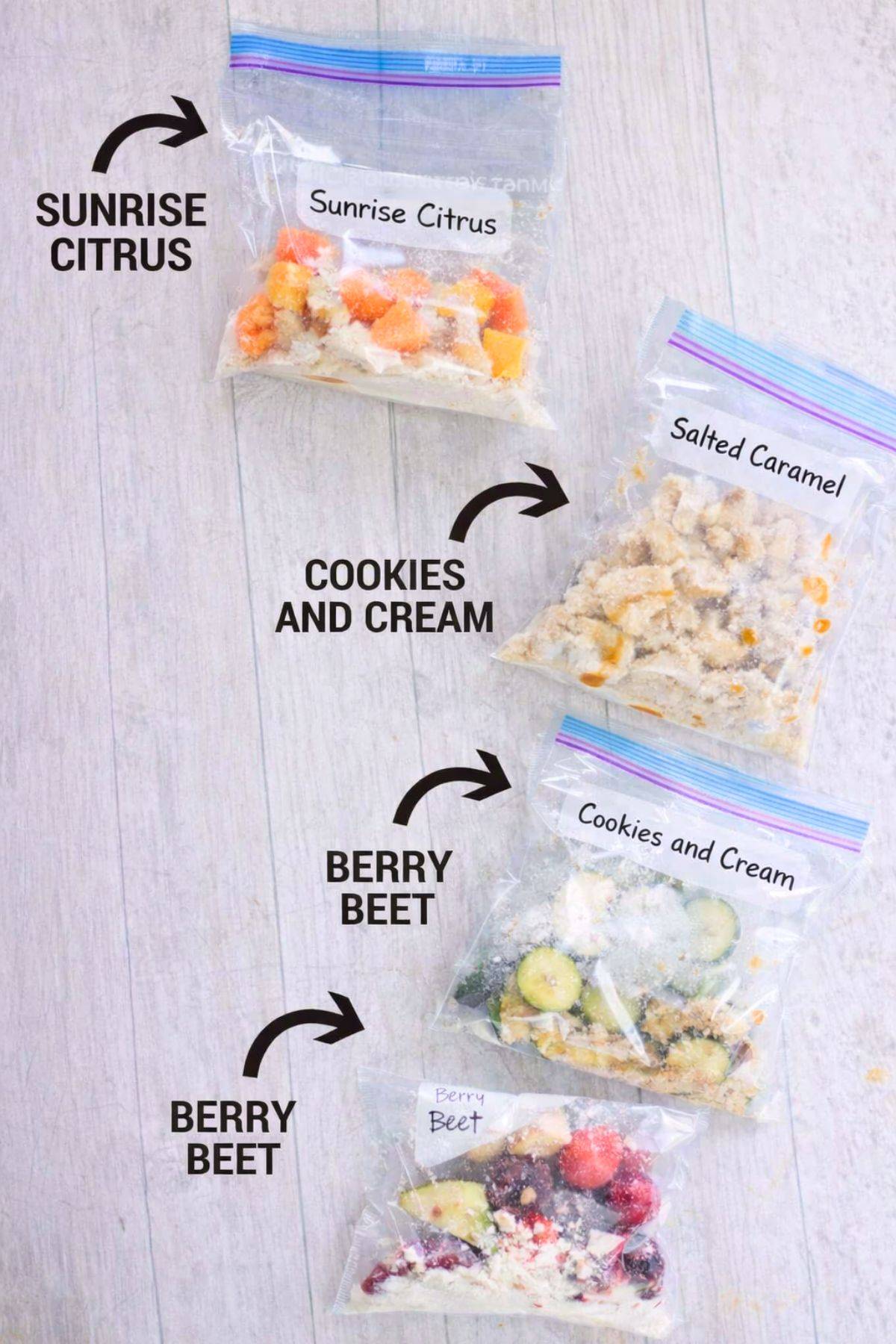 Smoothies in freezer bags with text.