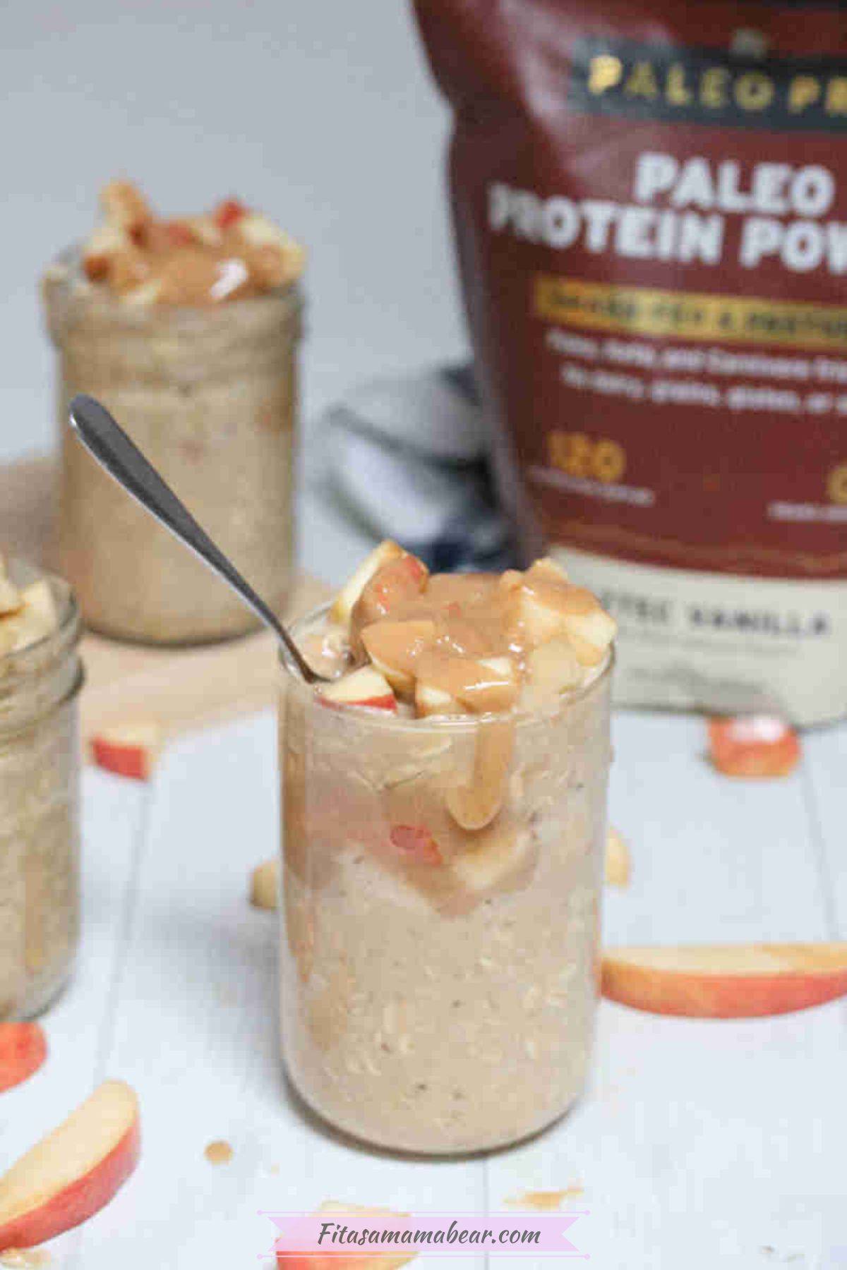 Caramel apple overnight oats in a jar.