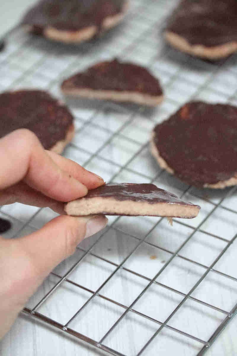 Thin mint protein cookies being held up.