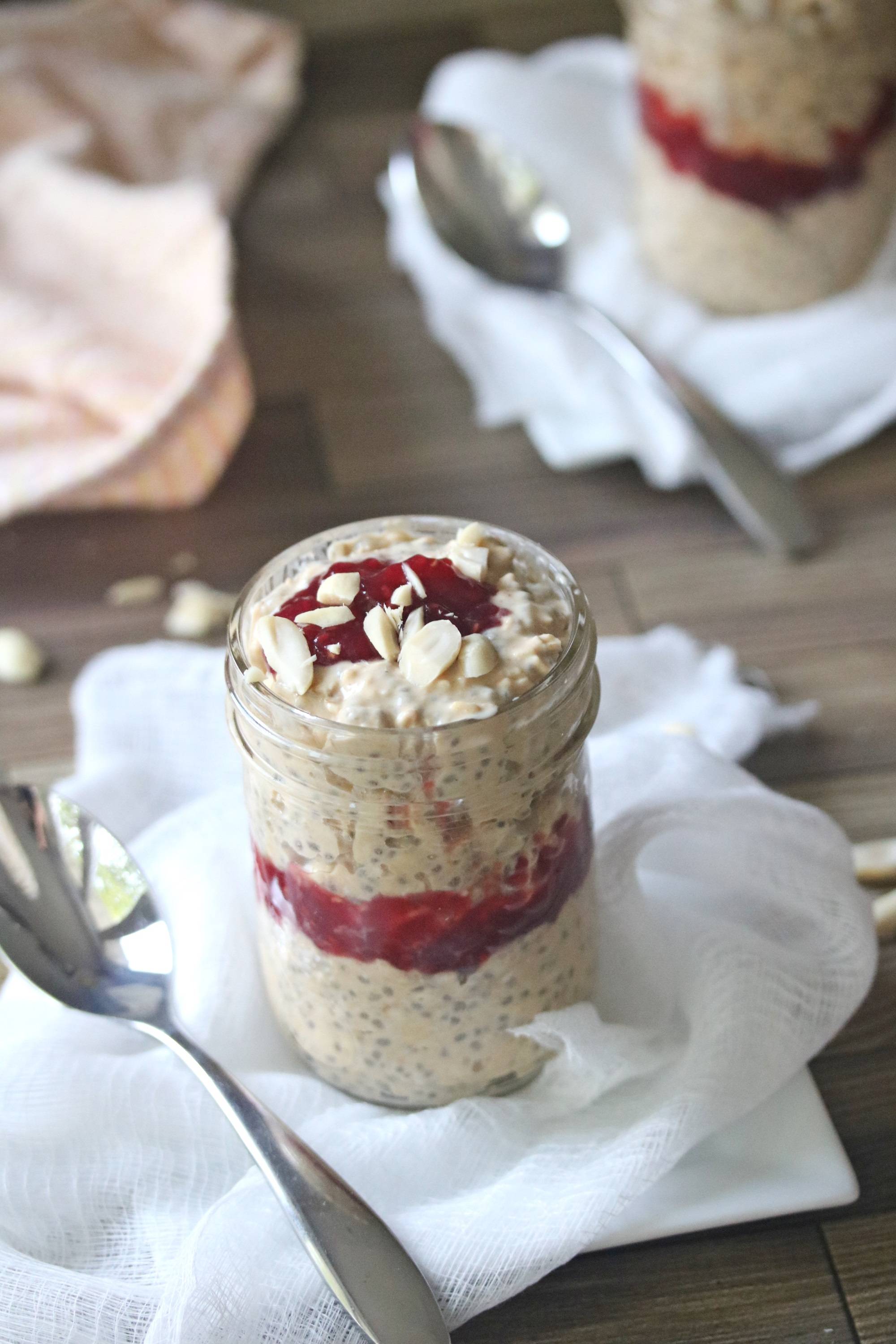 Peanut butter and jam overnight oats in a jar.