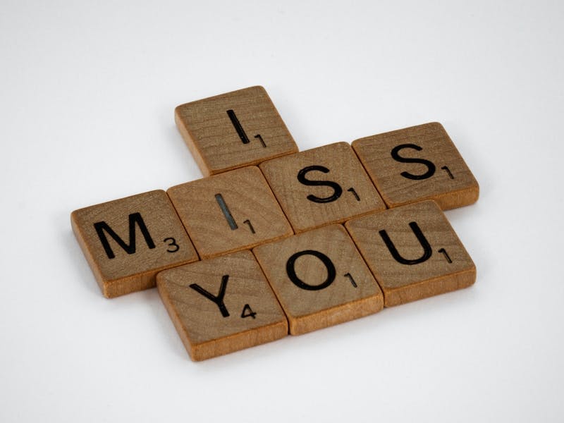 scrabble, scrabble pieces, lettering, letters, wood, scrabble tiles, white background, words, quote, letters, type, typography, design, layout, focus, bokeh, blur, photography, images, image, missing you, miss you, i miss you, longing, love, forlorn, lone