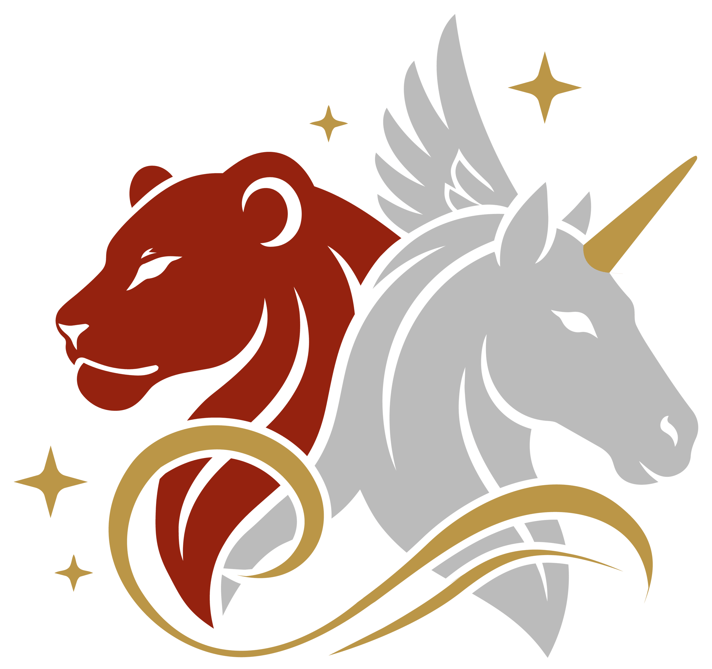 A red lioness head, back to back with a white unicorn head.  Magic swirls around them and the unicorn's wing flares above both heads.