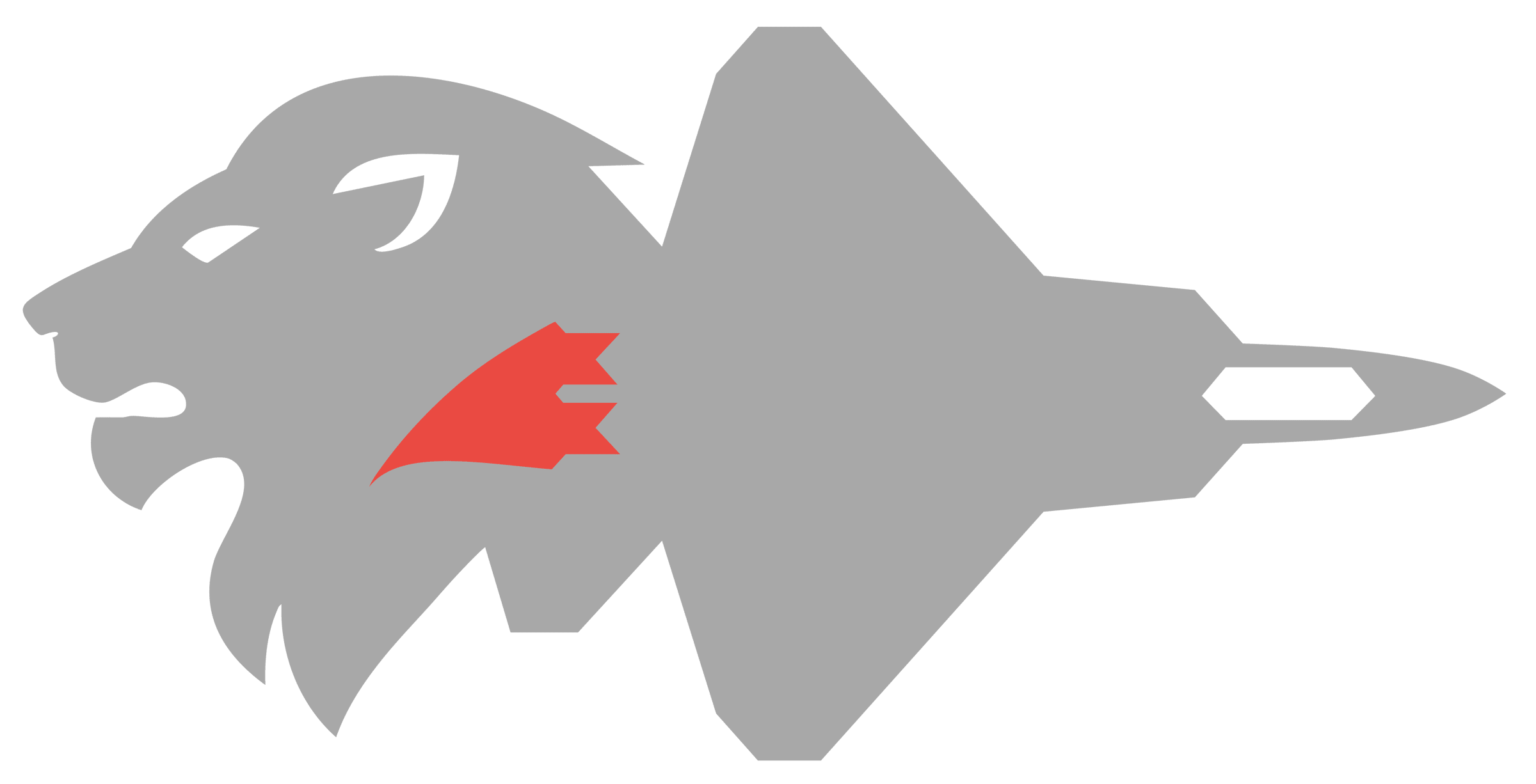 A lion's head, back to back with an F/A-22 Raptor.