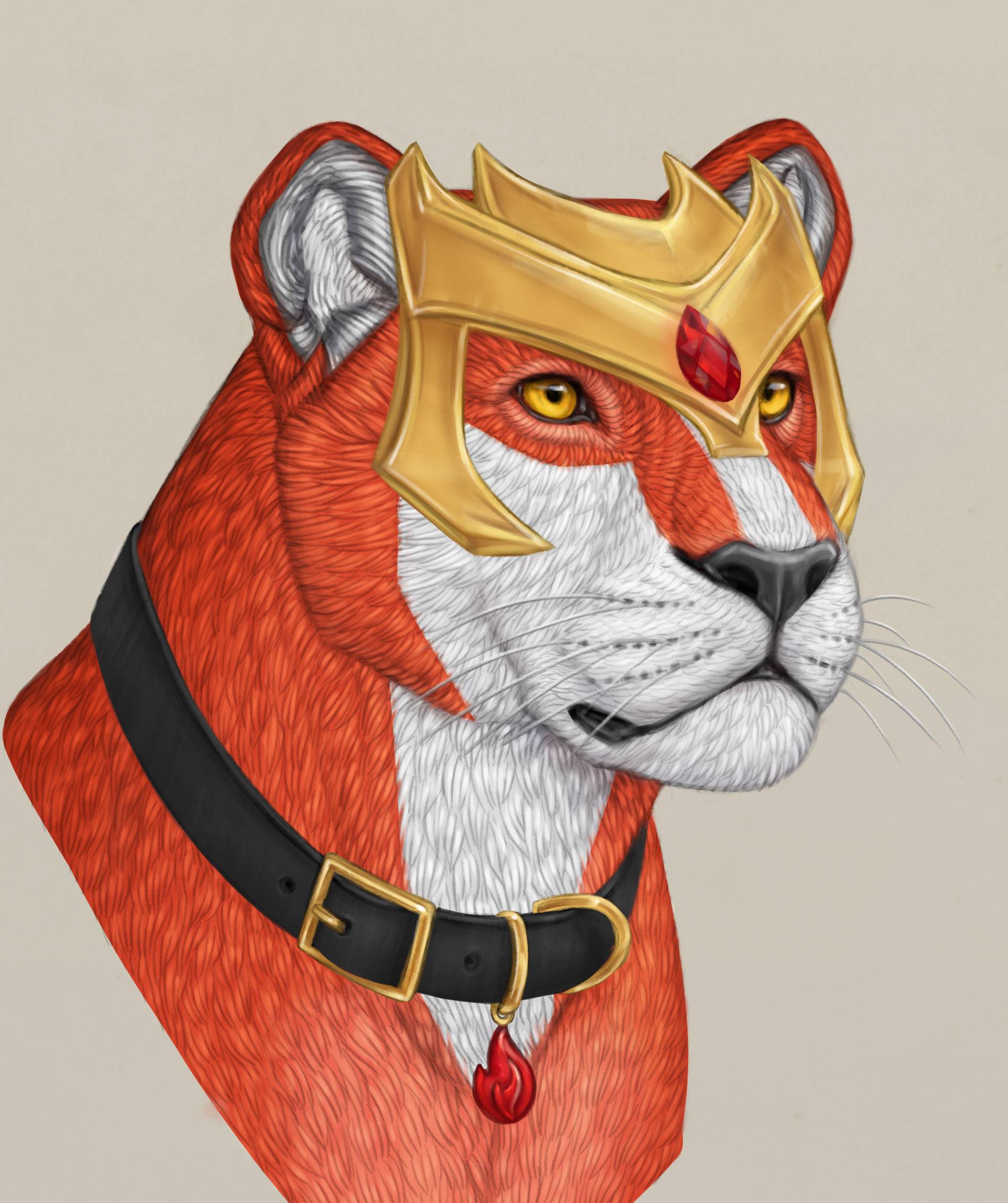 Headshot of Elektra, a red lioness mage guardian