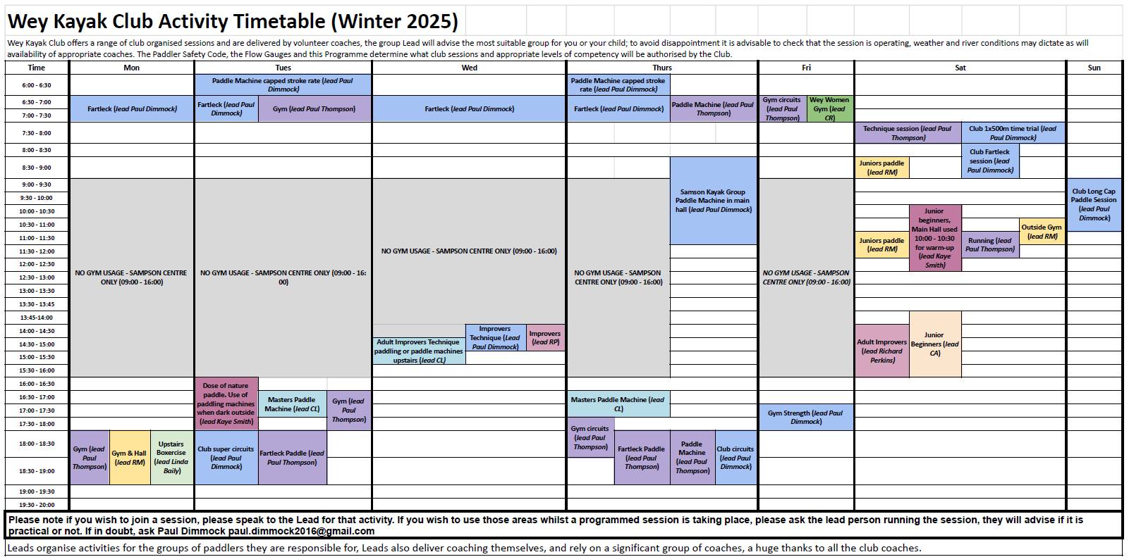 Winter Timetable for training at Wey Kayak Club