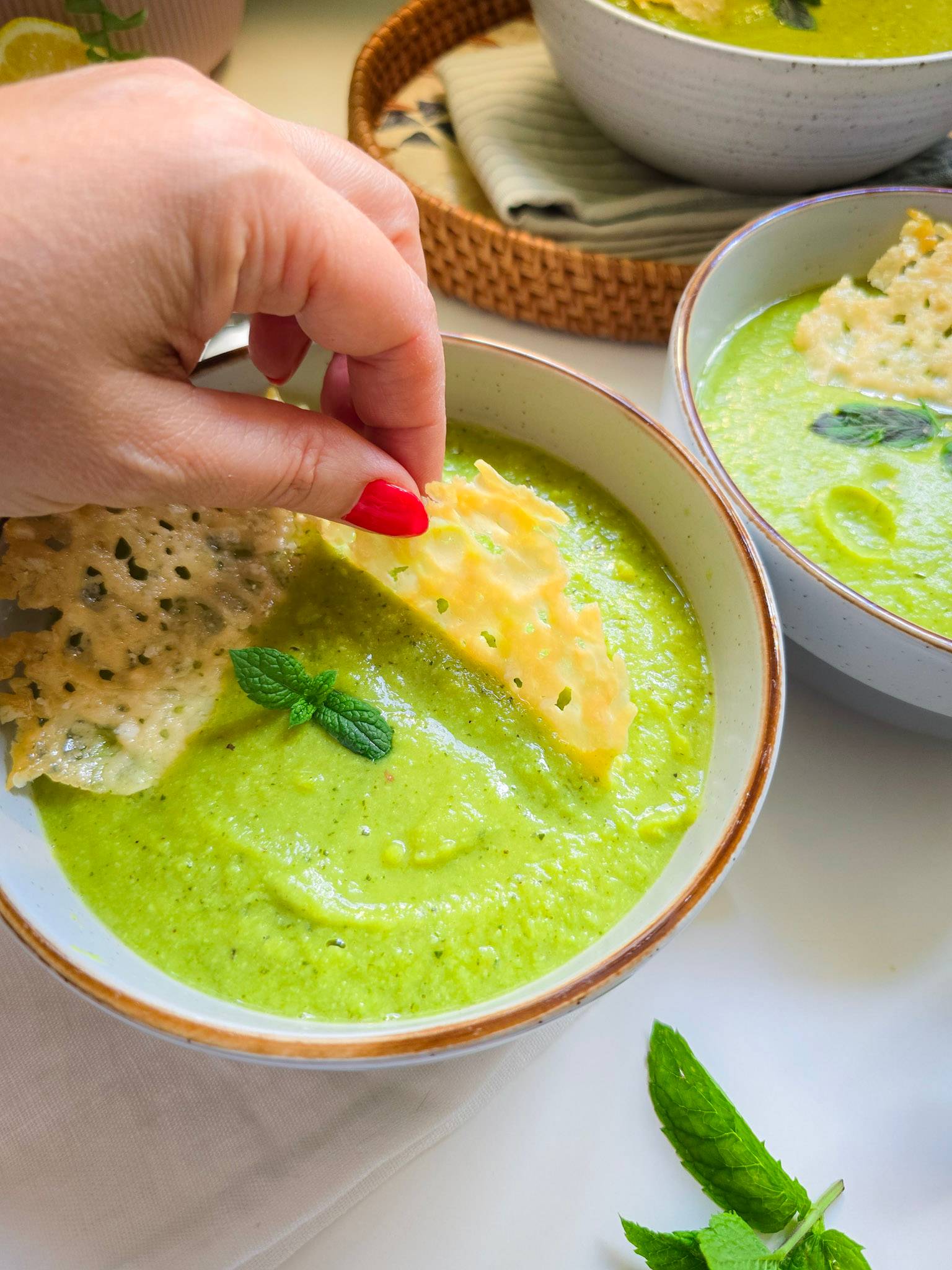 Pea and Courgette soup with Parmesan Crisps 