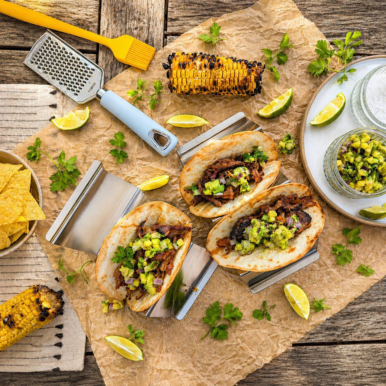 Al pastor pork tacos with grilled corn and pineapple salsa spread on a garden table.