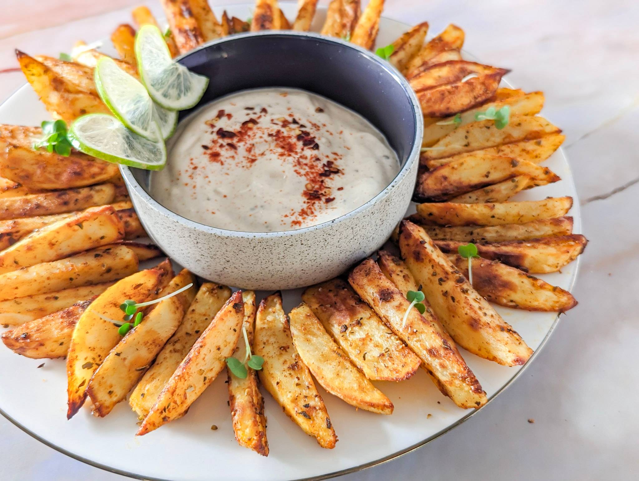 Adobo fries served with aioli and lime slices.