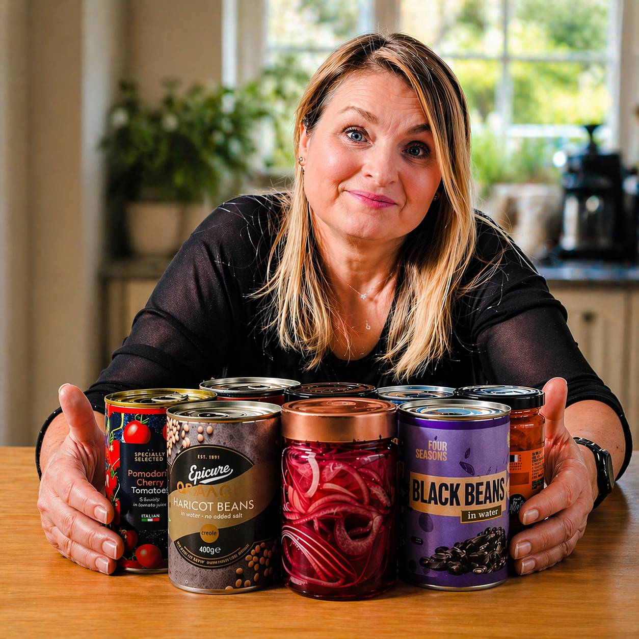 Smiling Flossie from Candyflosslife with canned and jarred foods.