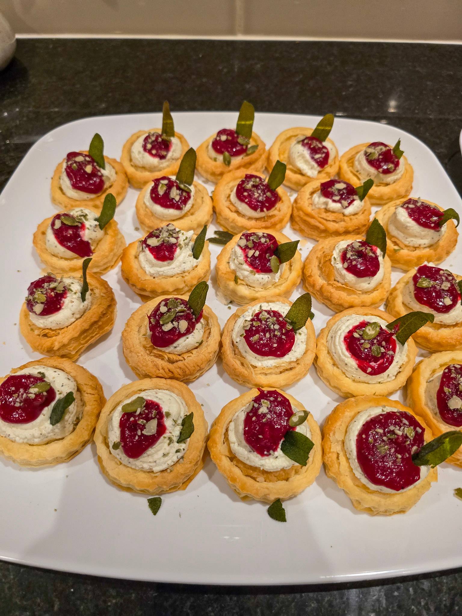 Vol-au-vents with whipped feta and cranberry sauce
