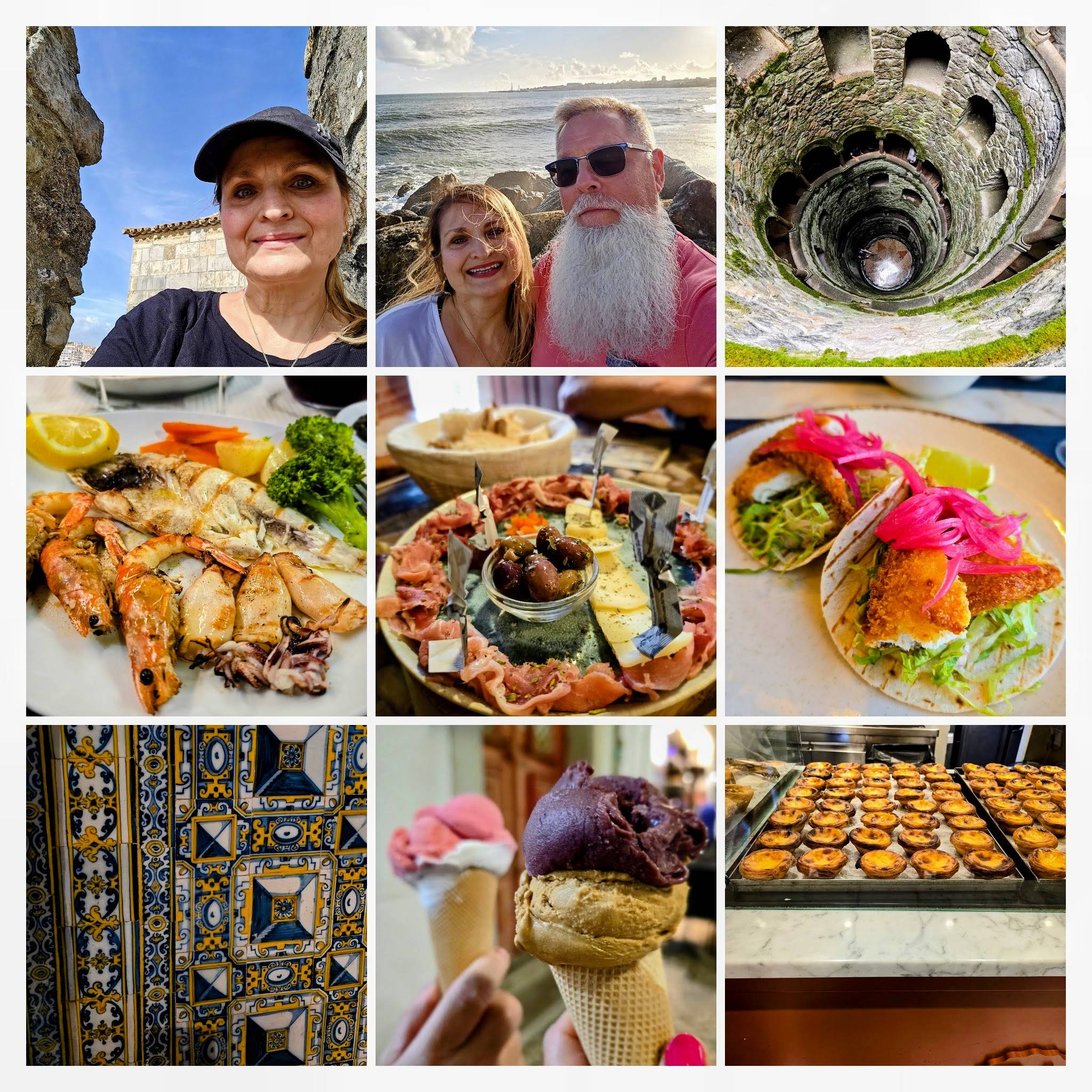 A collage of highlights from our Portugal holiday, seafood dishes, the initiation well at Sintra, holding icecream cones, pasteis de Nata and Portuguese ceramic patterns.