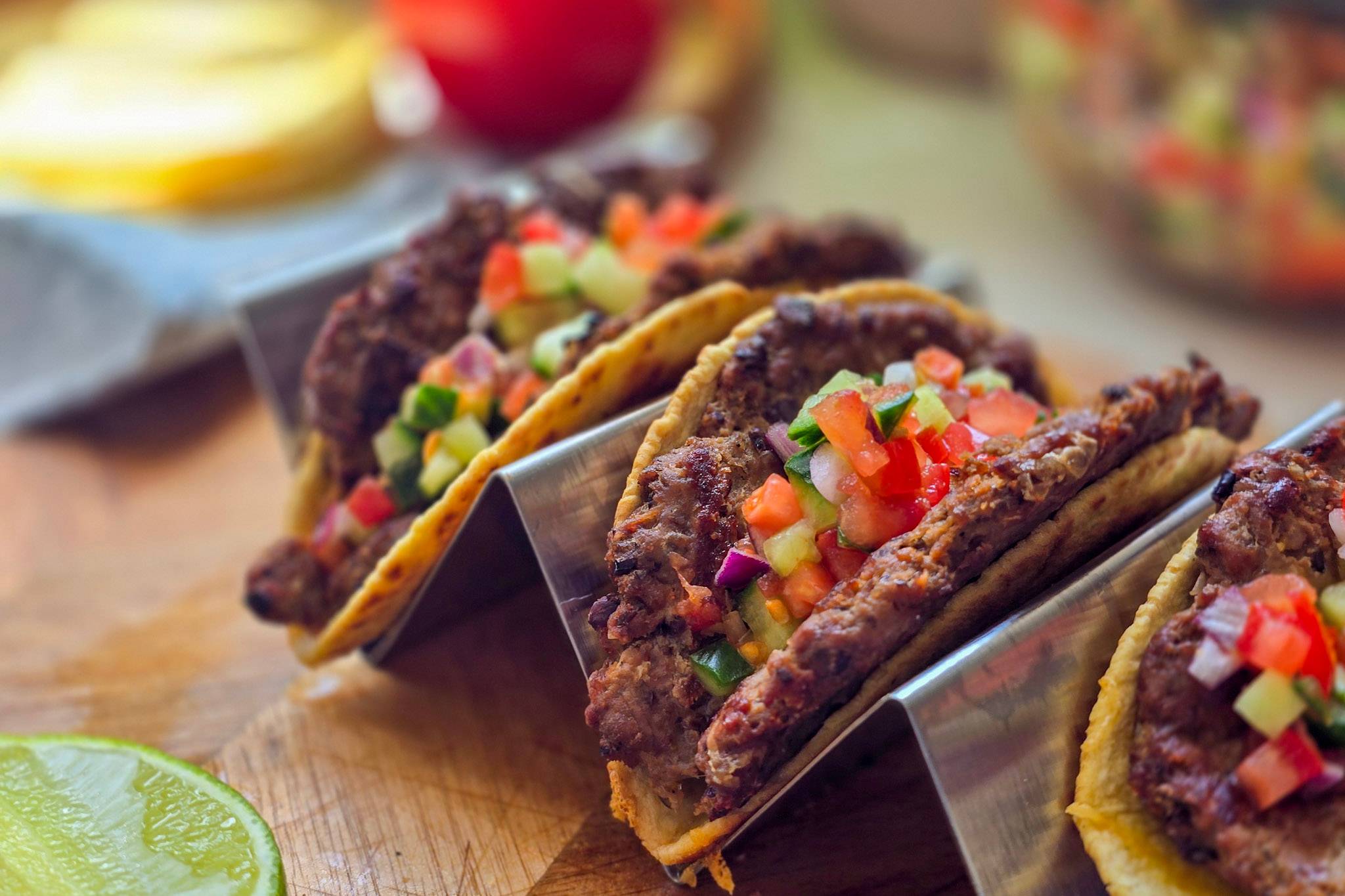 3 smash burger tacos with tomato salsa