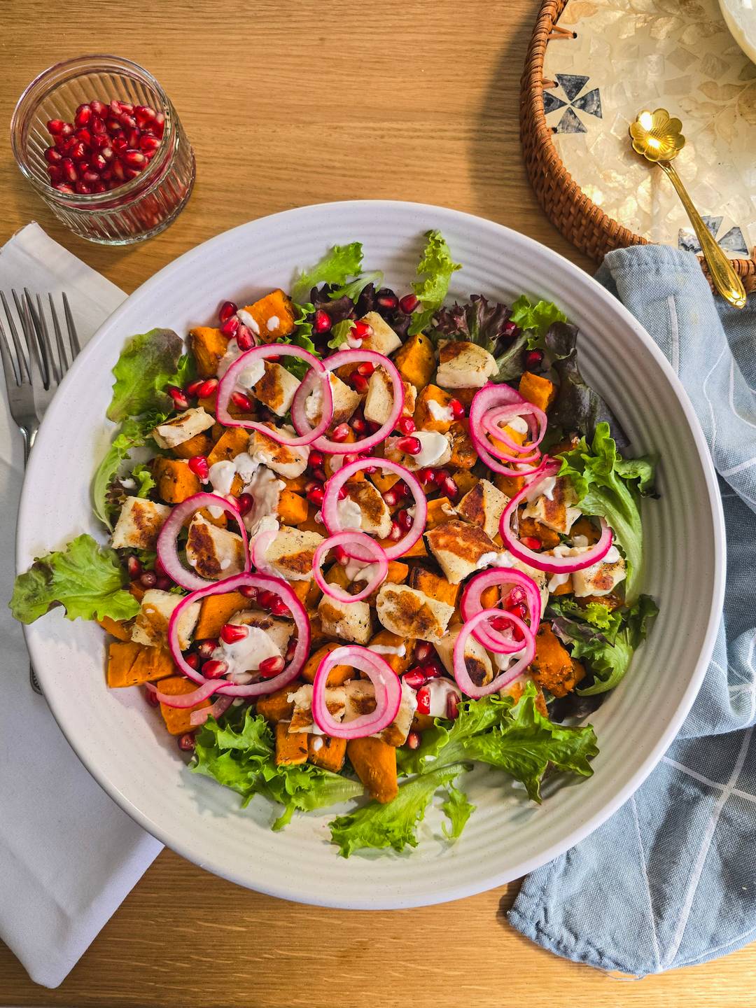 halloumi  and sweet potato salad with pickled red onions