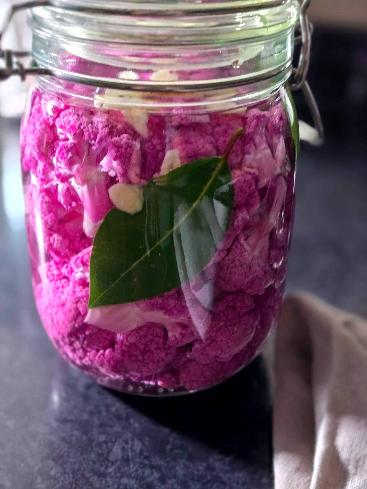 Jar of fermented cauliflower pickles, pink and tangy