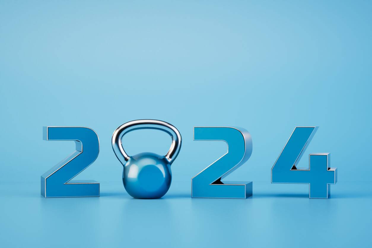2024 written out with the 0 as a kettlebell and all on a blue background