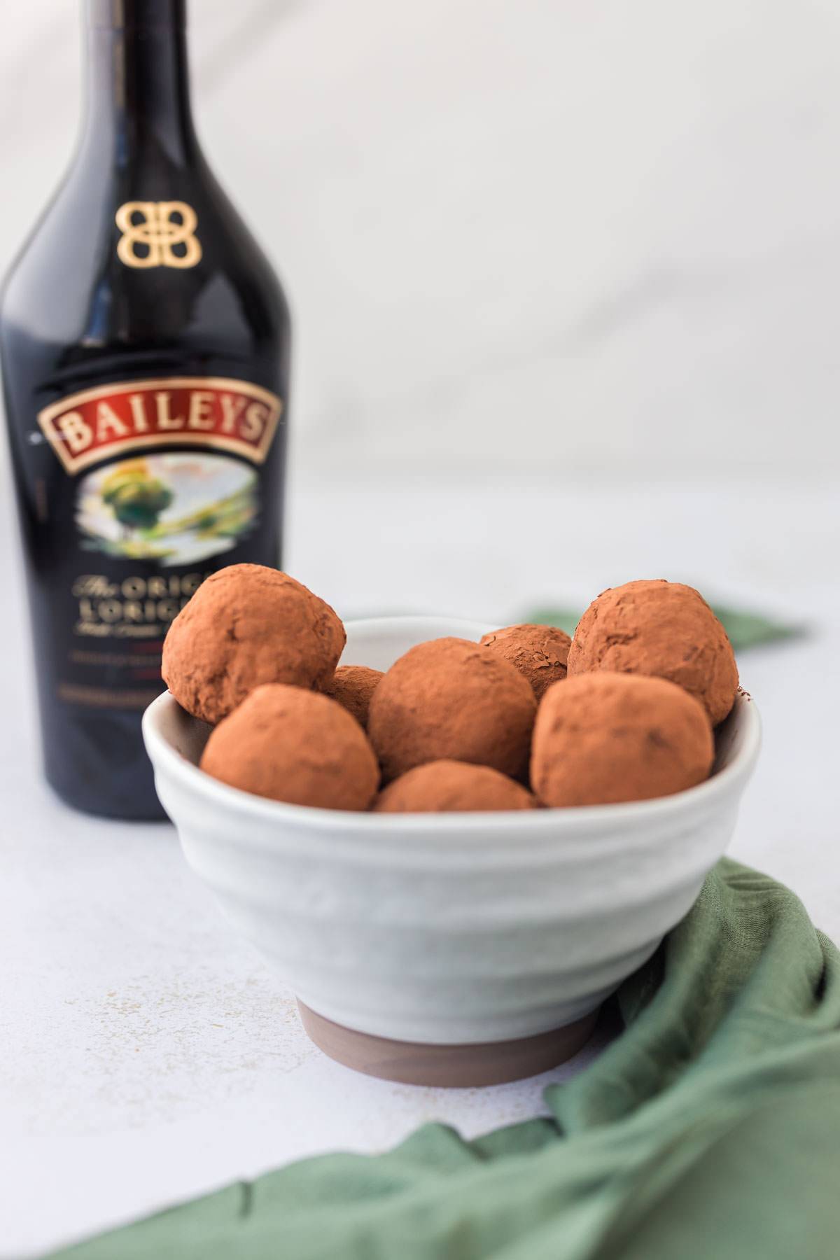 baileys chocolate protein truffles in white bowl