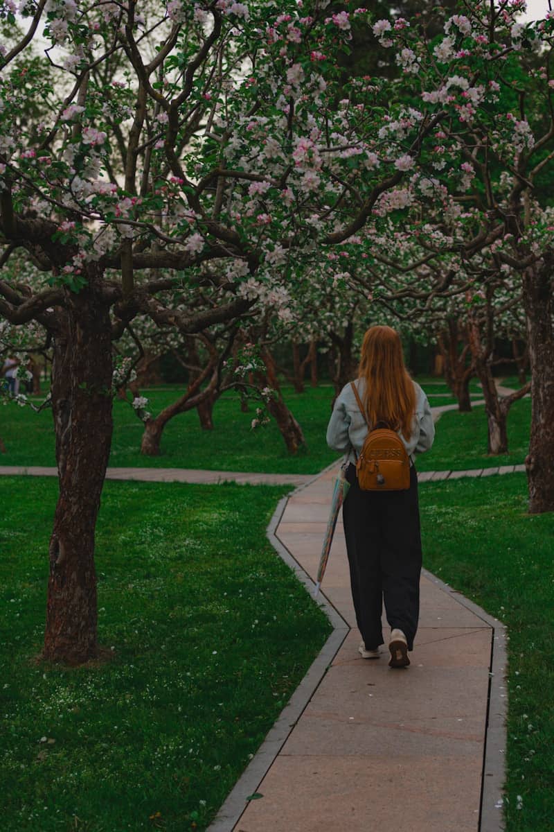 Woman walking on path through blooming trees
