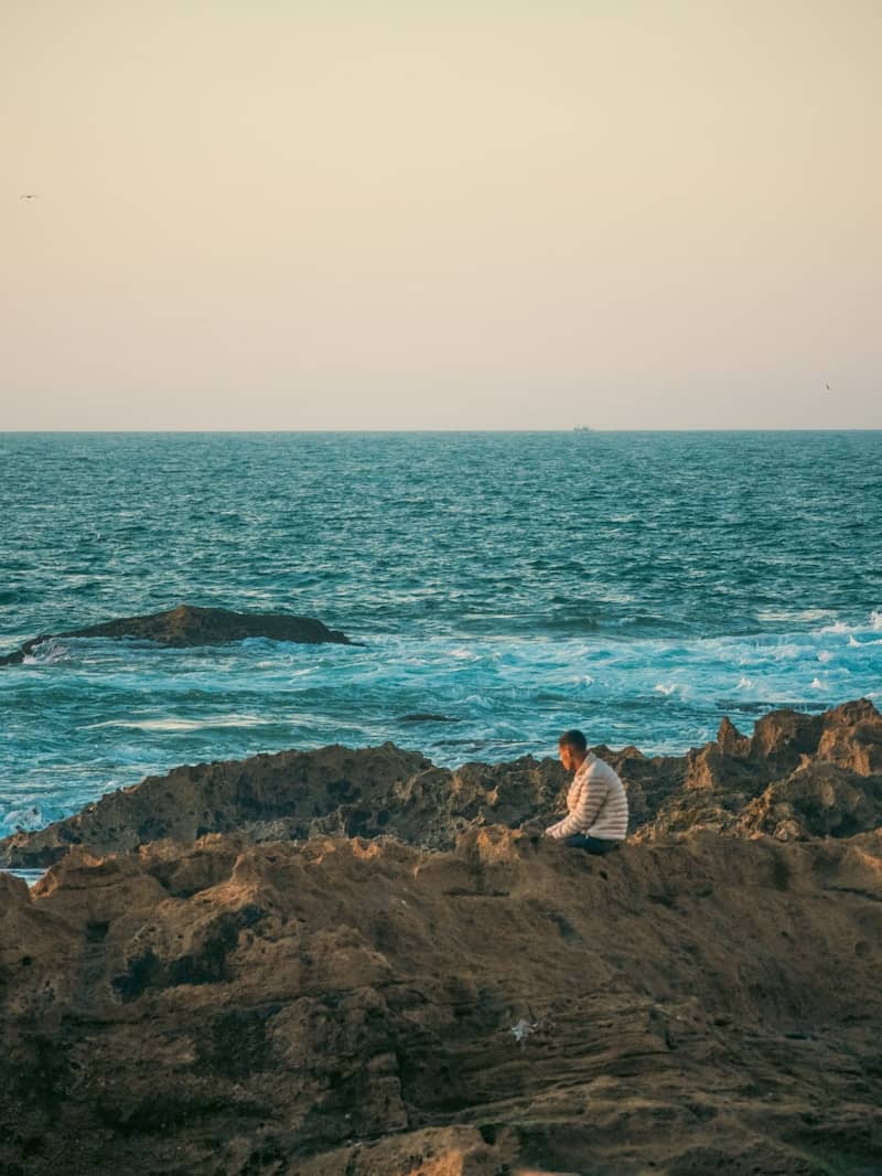 A person sits on a rocky coast overlooking the ocean.