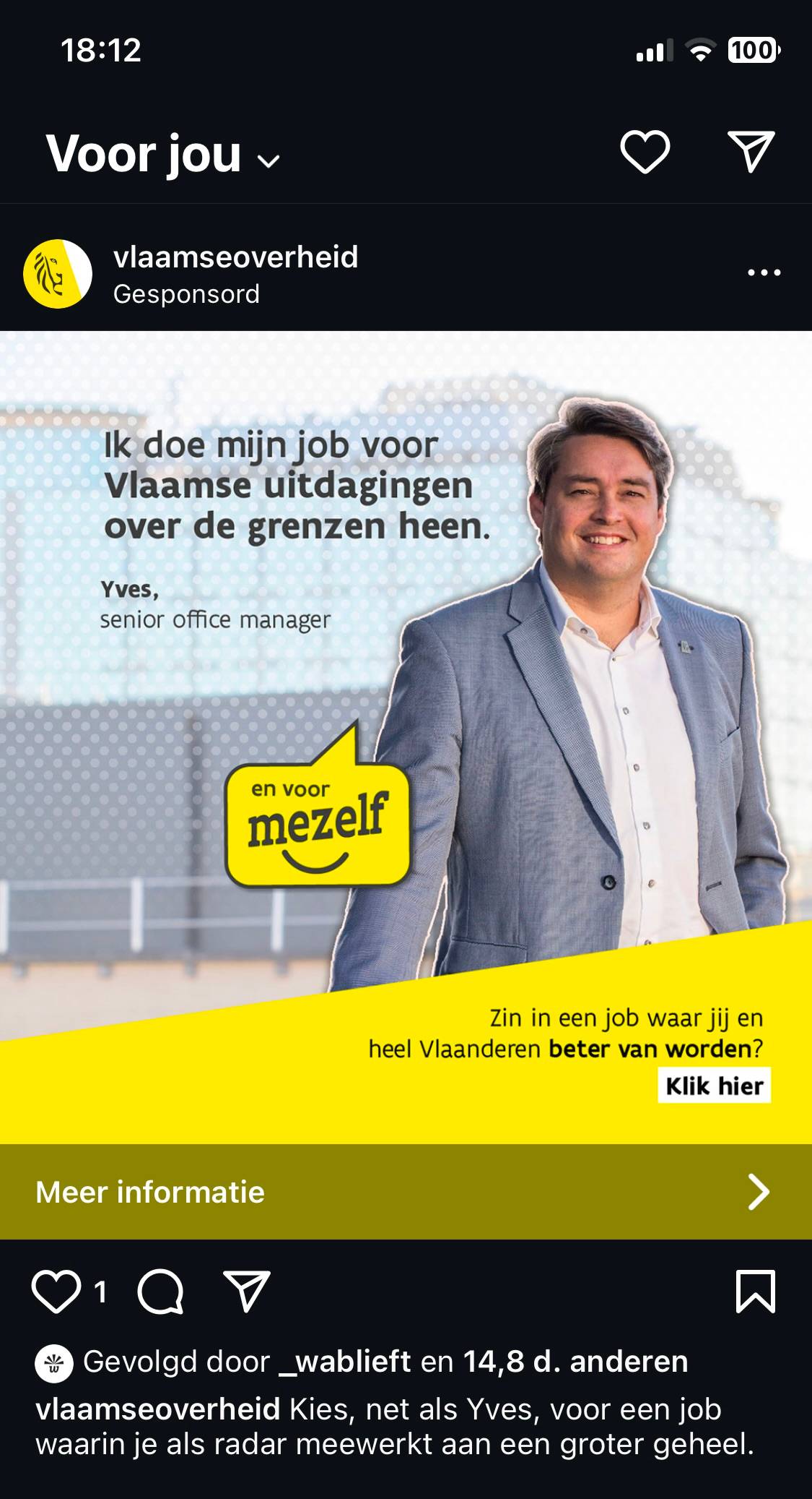 Advertentie Vlaamse overheid 'waarin je als radar meewerkt aan een grote geheel'.