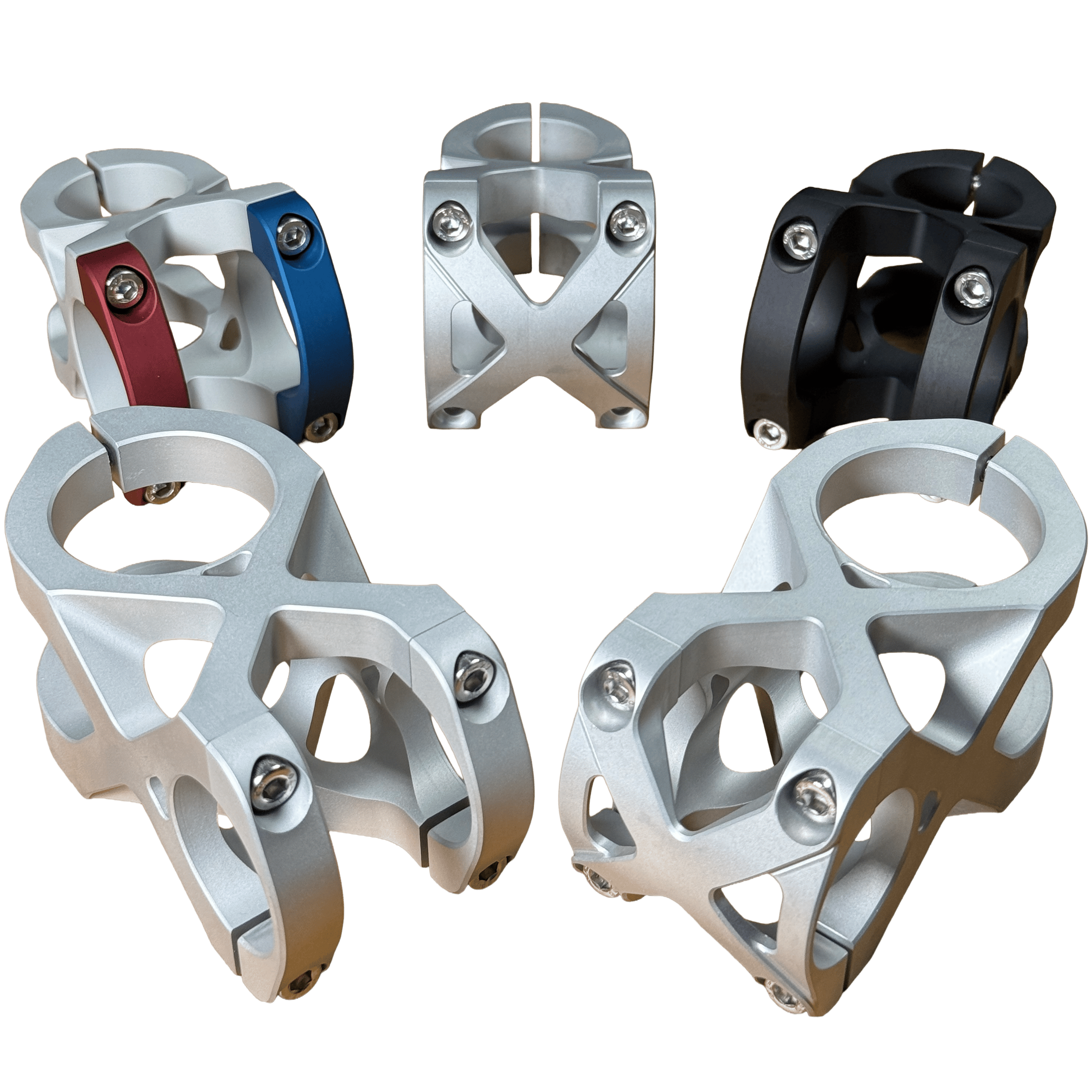 XStem project CNC prototypes showing multiple clamp designs and finishes, January 2026 update