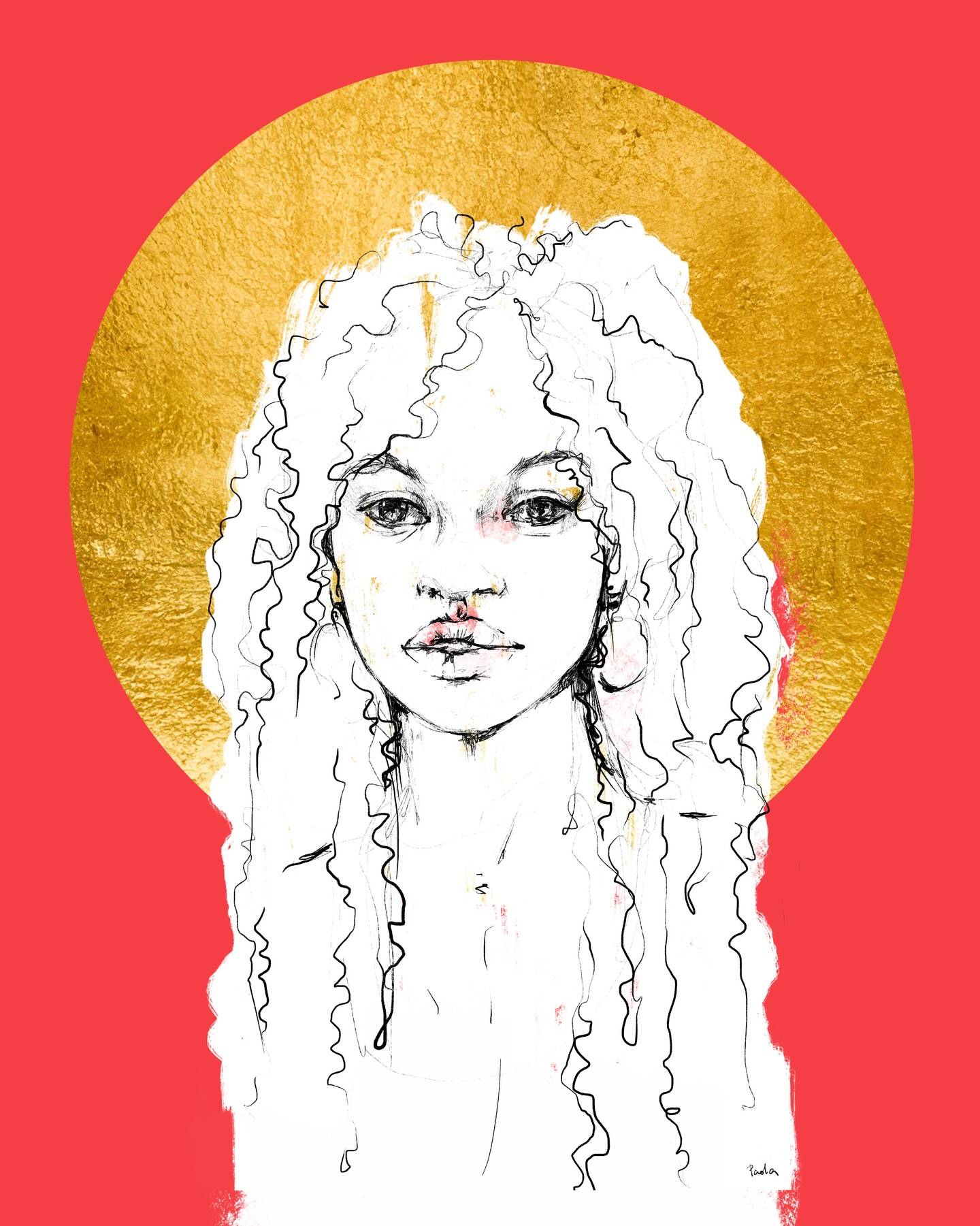 A black and white sketch of a woman with curly hair is centered in front of a large gold circle on a red background, by artist Paola Minekov