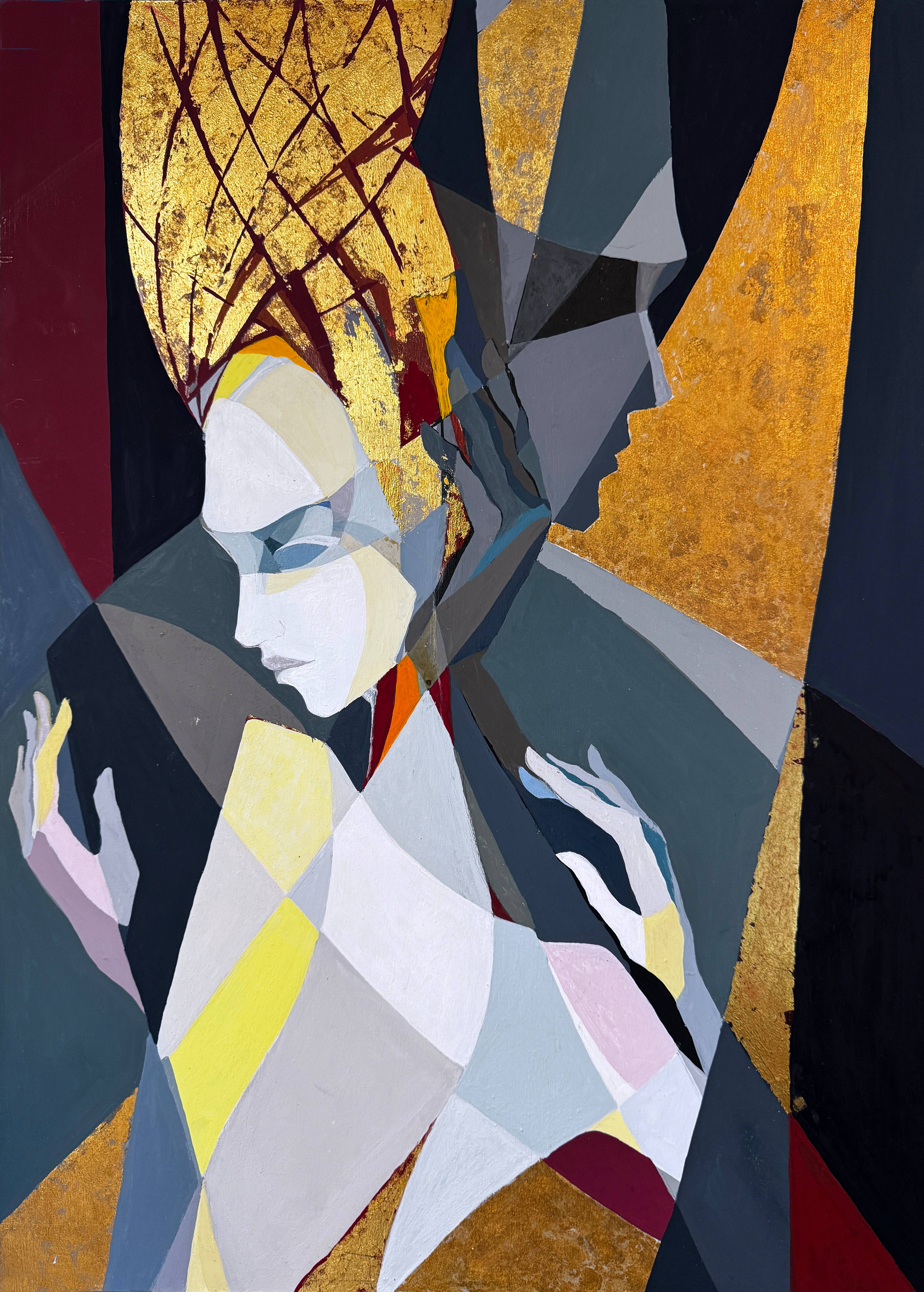 A geometric painting of a woman in profile, painted white and held by a male silhouette in black on gold a red background