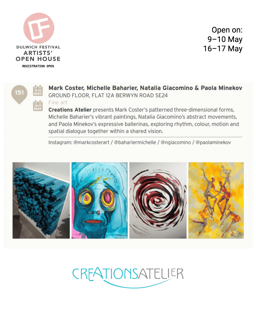 A festival open house poster showcases art by Mark Coster, Michelle Baharier, Natalia Giacomino, and Paola Minekov, with images of colorful artworks and event details.