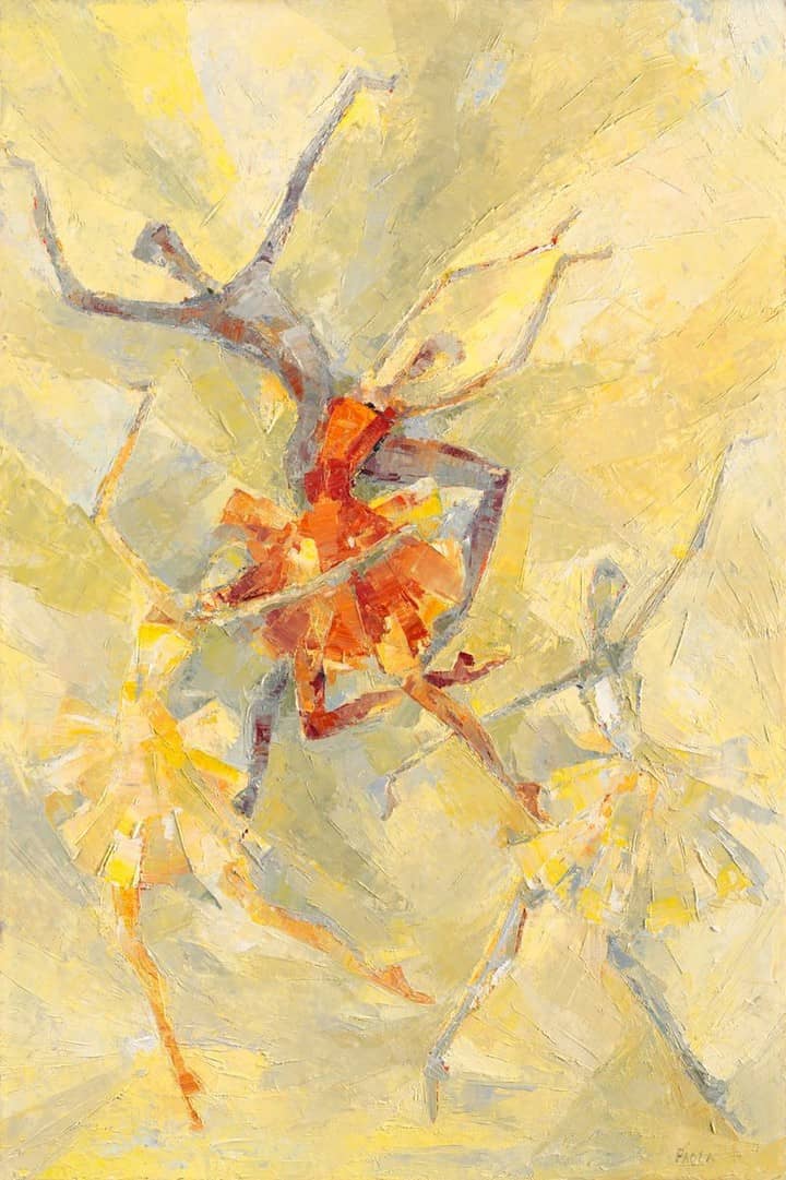 Abstract painting of four ballet dancers in motion, with the central dancer in red and the others in yellow tones, set against a textured, light background, by artist Paola Minekov