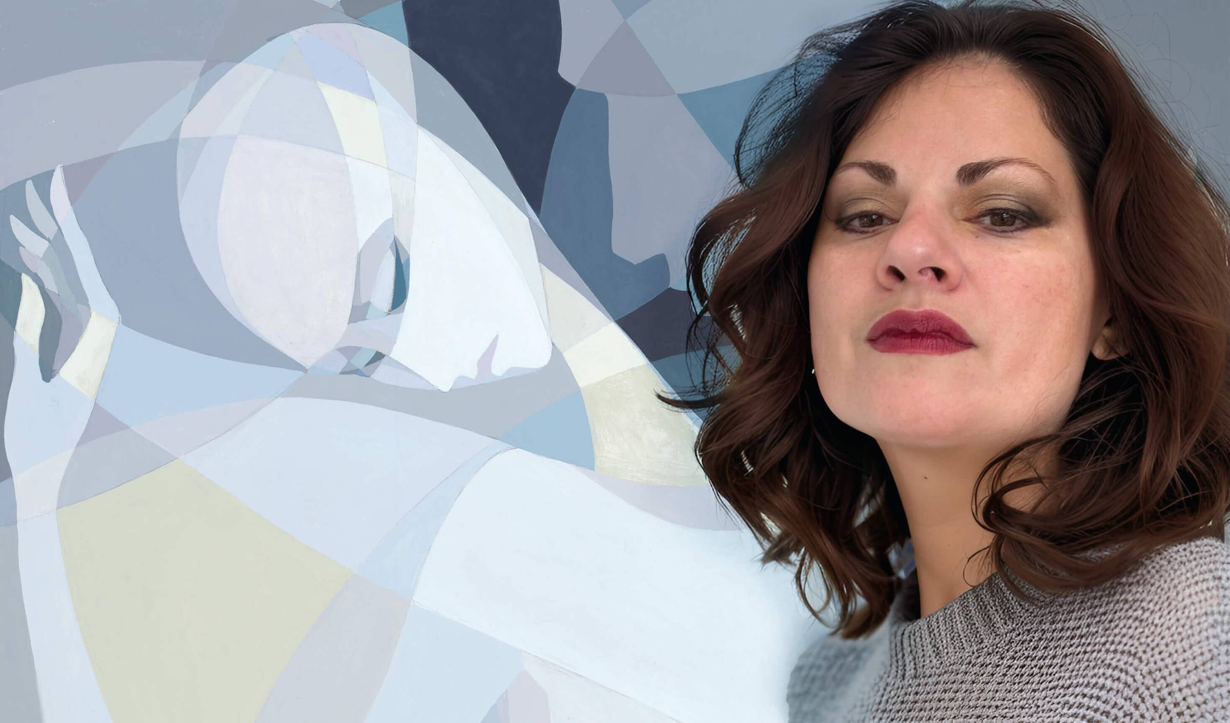 Artist Paola Minekov in front of her monochrome geometric painting The Outsider, depicting a woman in white leaning away from a male figure in grey 