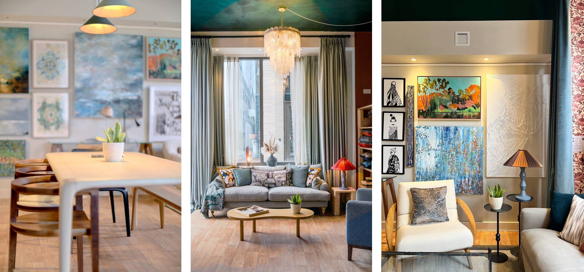 Three modern living spaces featuring wall art, light fixtures, plants, and contemporary furniture in neutral tones with blue and green accents, presented by House of Estila London