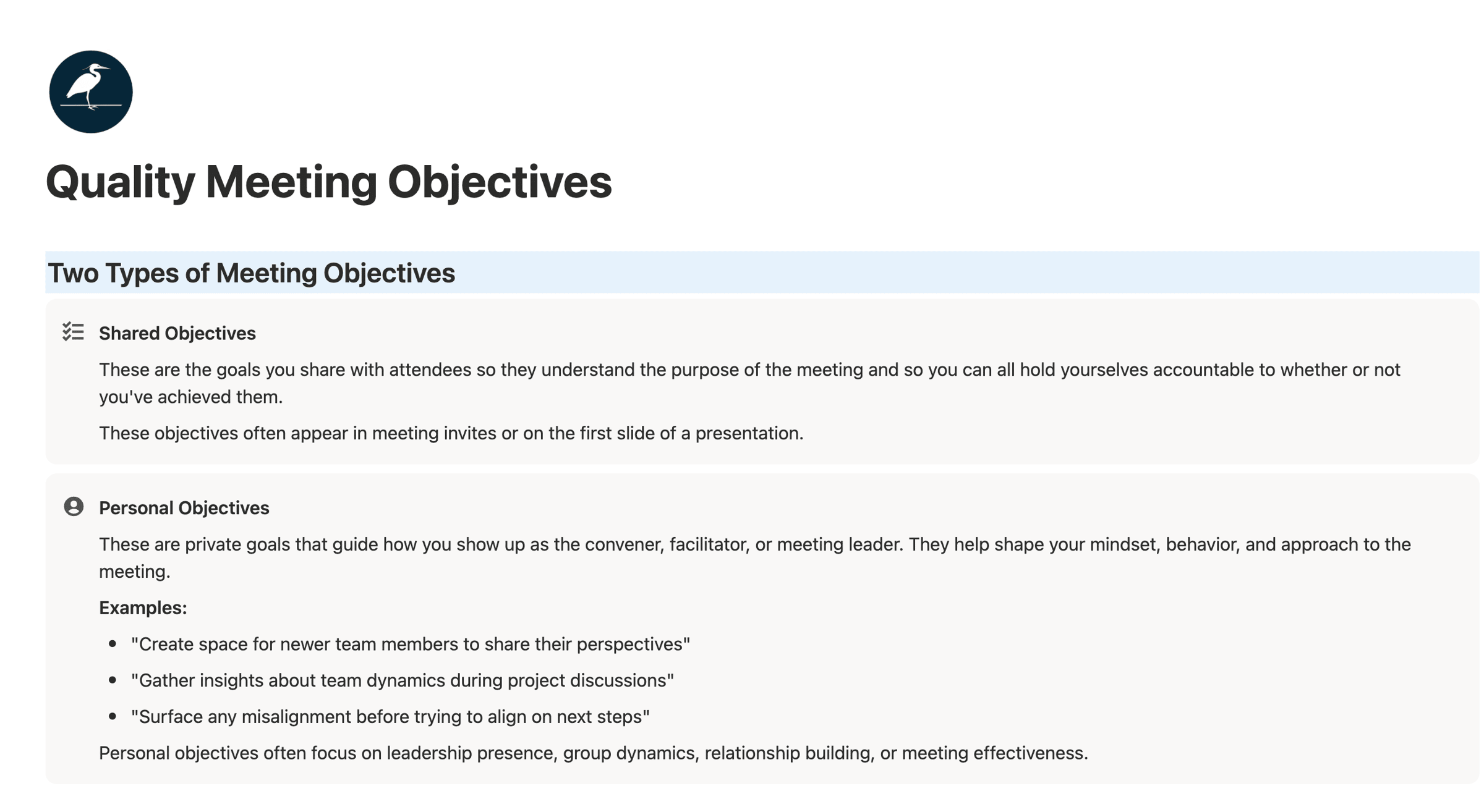 Quality Meeting Objectives Resource