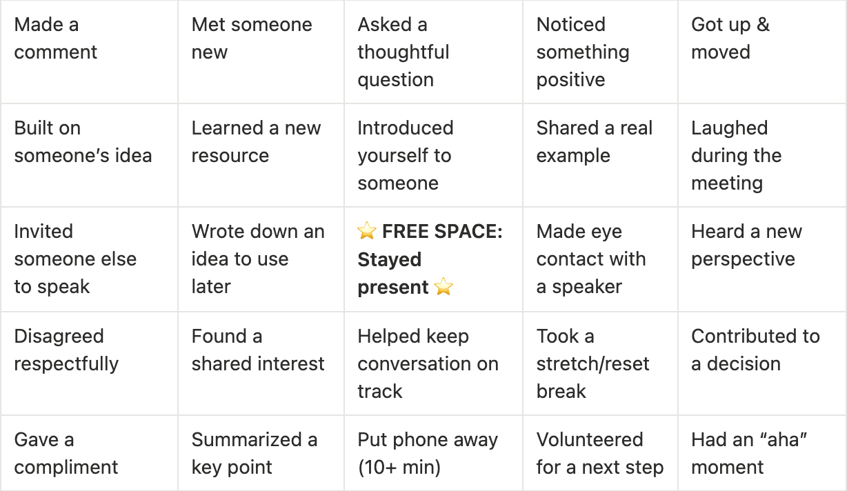Introvert Meeting Bingo 