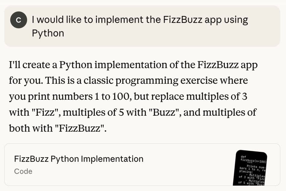 Screenshot of conversation with LLM where it finds and summarises a description of the Fizzbuzz kata