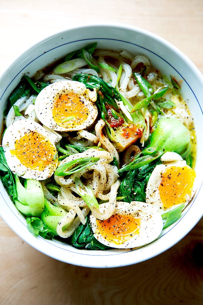 Udon noodles with bok choy. 