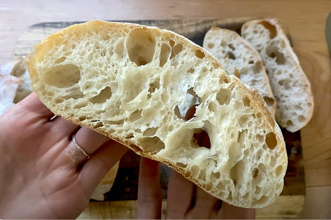 A slice of ciabatta bread. 