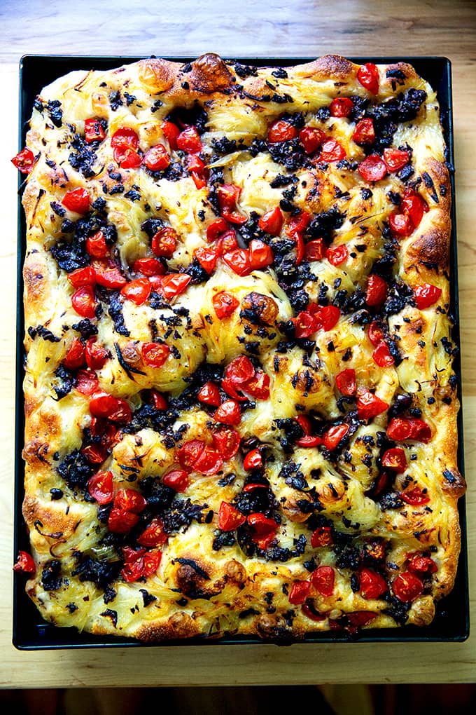 Pissaladiere on a sheet pan. 