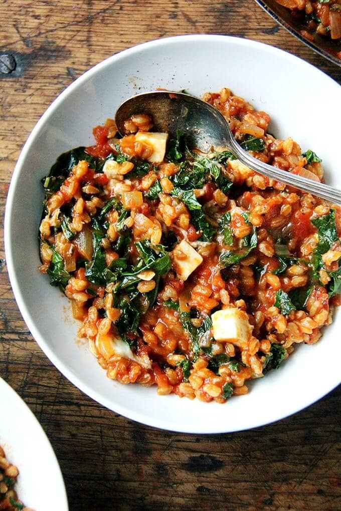 Farro risotto with kale and feta. 